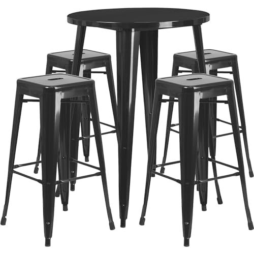 Flash Furniture Commercial Grade 30" Round Black Metal Indoor-Outdoor Bar Table Set with 4 Square Seat Backless Stools