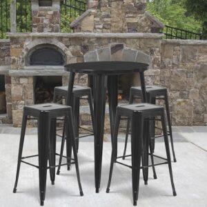 Flash Furniture Commercial Grade 30" Round Black Metal Indoor-Outdoor Bar Table Set with 4 Square Seat Backless Stools