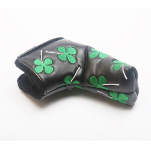 Ronsit Green Four-Leaf Clover Golf Putter Head Cover Headcover Shamrock Embroidered Blade Fit All Brands (Black)