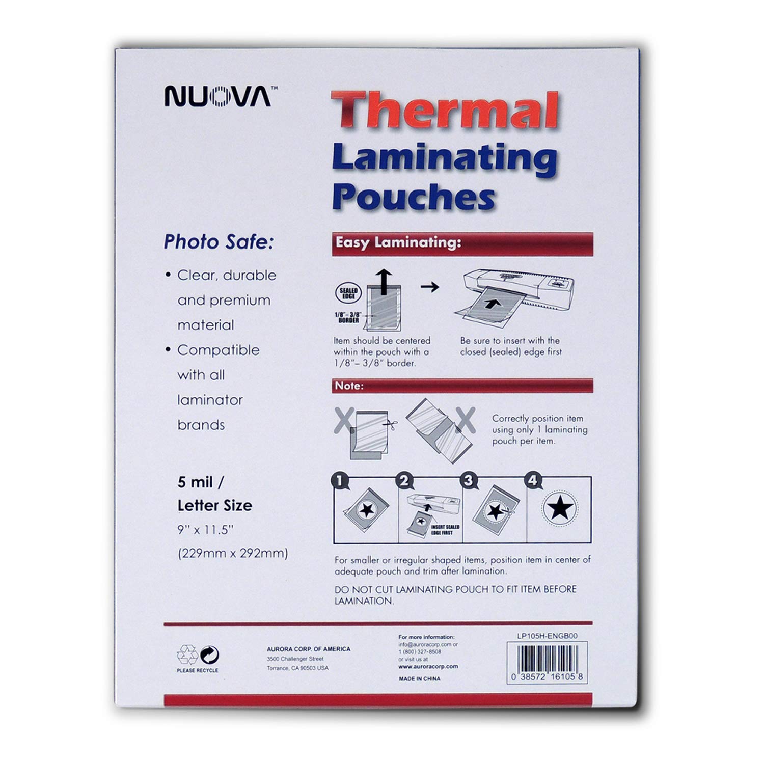 Nuova 100-Pack, 5 Mil Thermal Laminating Pouches 9 x 11.5 Inches, Letter Size, LP105H