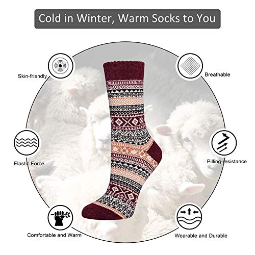 5 Pack Womens Wool Socks Winter Warm Socks Thick Knit Cabin Cozy Crew Soft Socks Gifts for Women