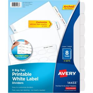 avery big tab printable white label dividers with easy peel, 8 tabs, 4 sets (14433)