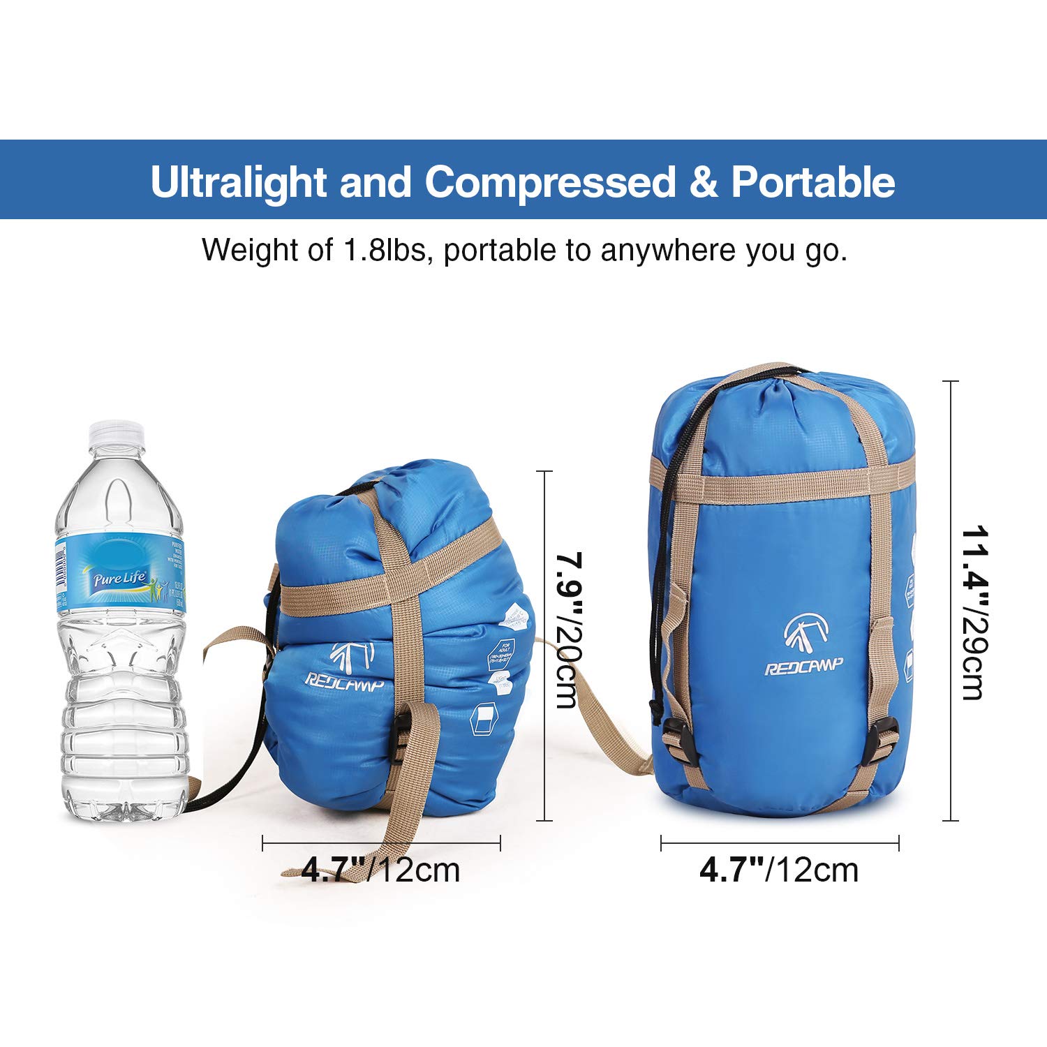 REDCAMP Ultra Lightweight Sleeping Bag for Backpacking, Comfort for Adults Warm Weather, with Compression Sack Blue (75"x 32.5")