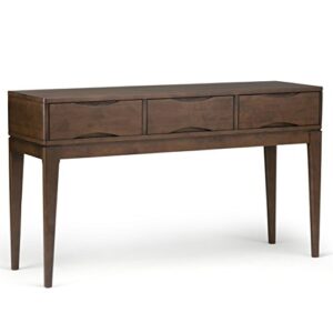 simplihome harper solid wood 54 inch wide mid century modern console sofa entryway table in walnut brown with storage, 3 drawers , for the living room, entryway and bedroom