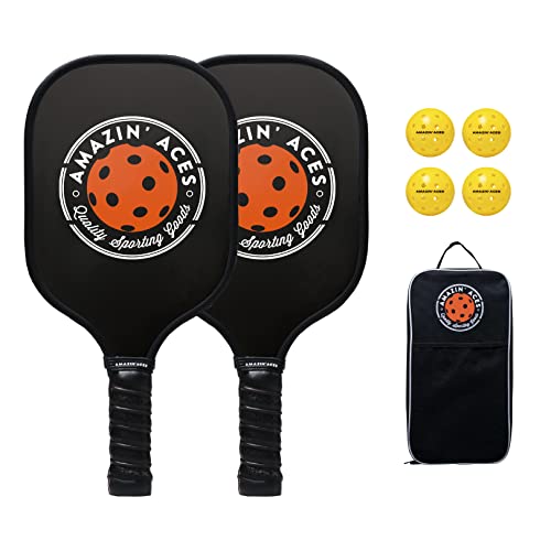 Amazin' Aces Classic Graphite Pickleball Paddles Set of 2 with 4 Pickleball Balls, Lightweight, Black Pickleball Rackets with Soft, Nonslip Comfort Grip Handles & Protective Portable Pickleball Bag