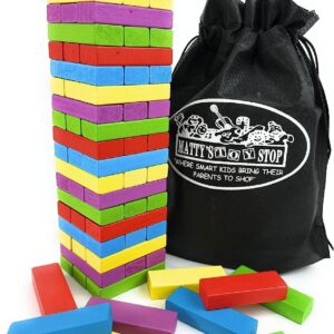 Matty's Mix-Up 60pc Large Colorful Wooden Tumble Tower Deluxe Stacking Game with Storage Bag