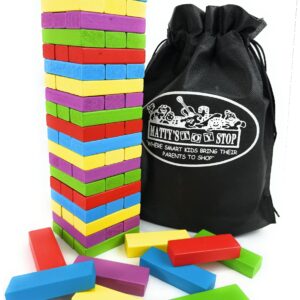 Matty's Mix-Up 60pc Large Colorful Wooden Tumble Tower Deluxe Stacking Game with Storage Bag