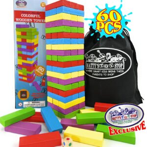 Matty's Mix-Up 60pc Large Colorful Wooden Tumble Tower Deluxe Stacking Game with Storage Bag