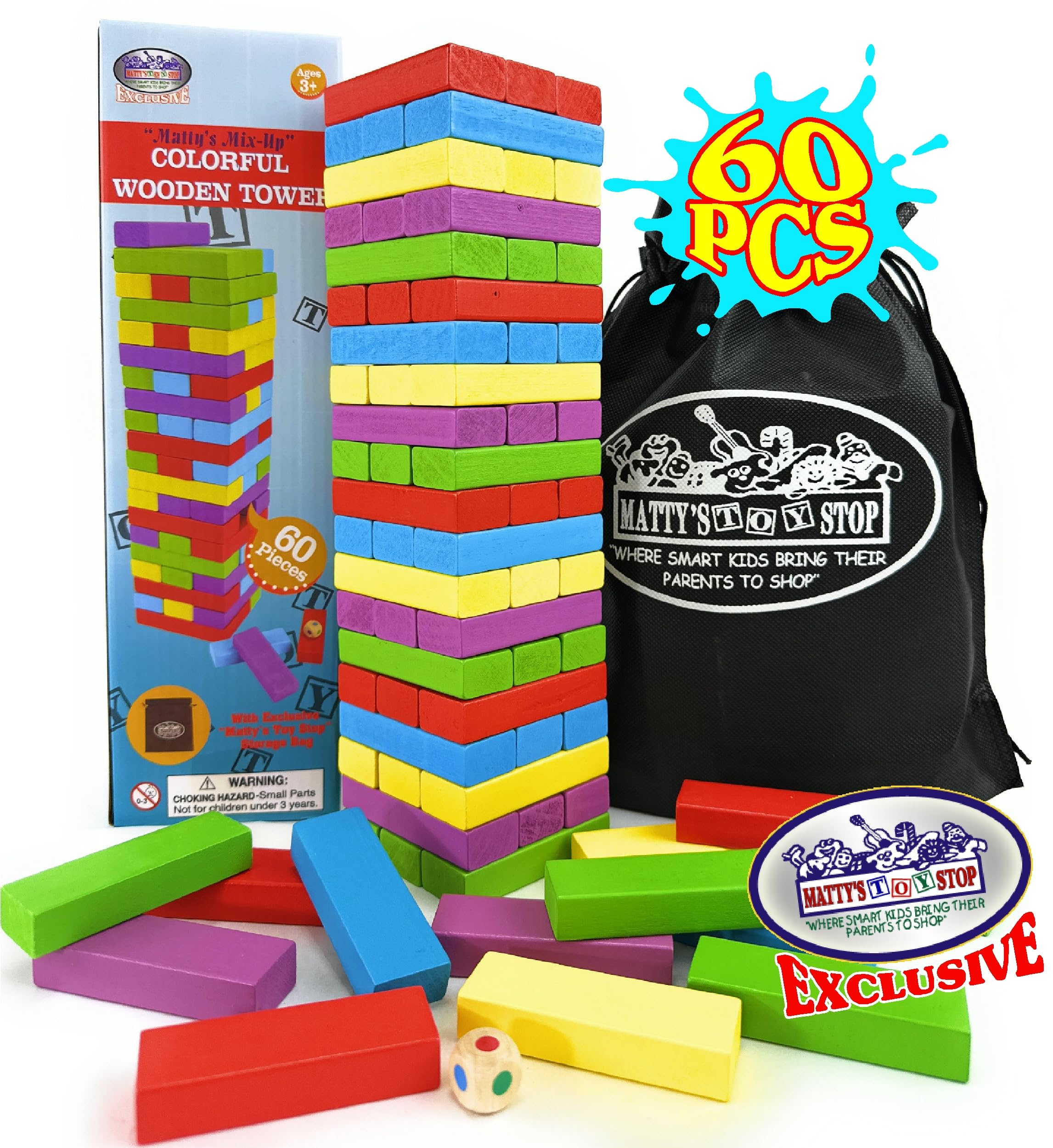 Matty's Mix-Up 60pc Large Colorful Wooden Tumble Tower Deluxe Stacking Game with Storage Bag