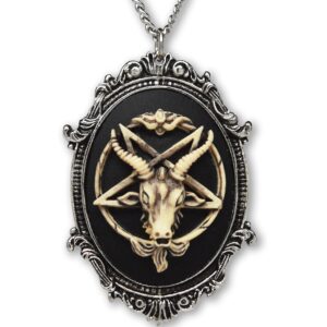 Antiqued Goat Head Satanic Baphomet Cameo Bone on Black In Silver Finish Frame Pendant Necklace