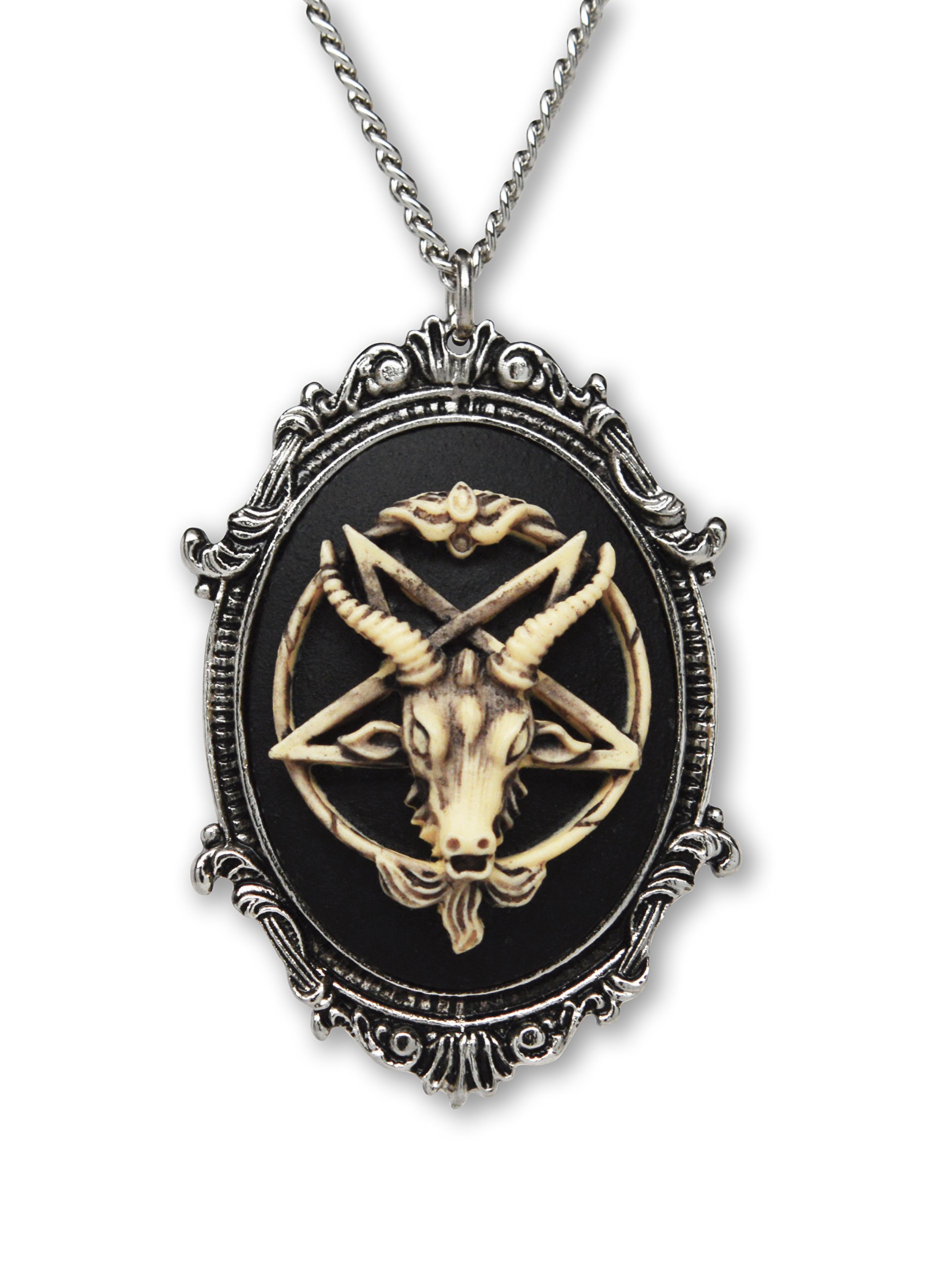 Antiqued Goat Head Satanic Baphomet Cameo Bone on Black In Silver Finish Frame Pendant Necklace