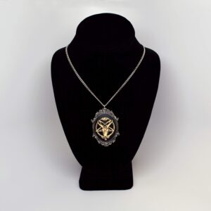 Antiqued Goat Head Satanic Baphomet Cameo Bone on Black In Silver Finish Frame Pendant Necklace