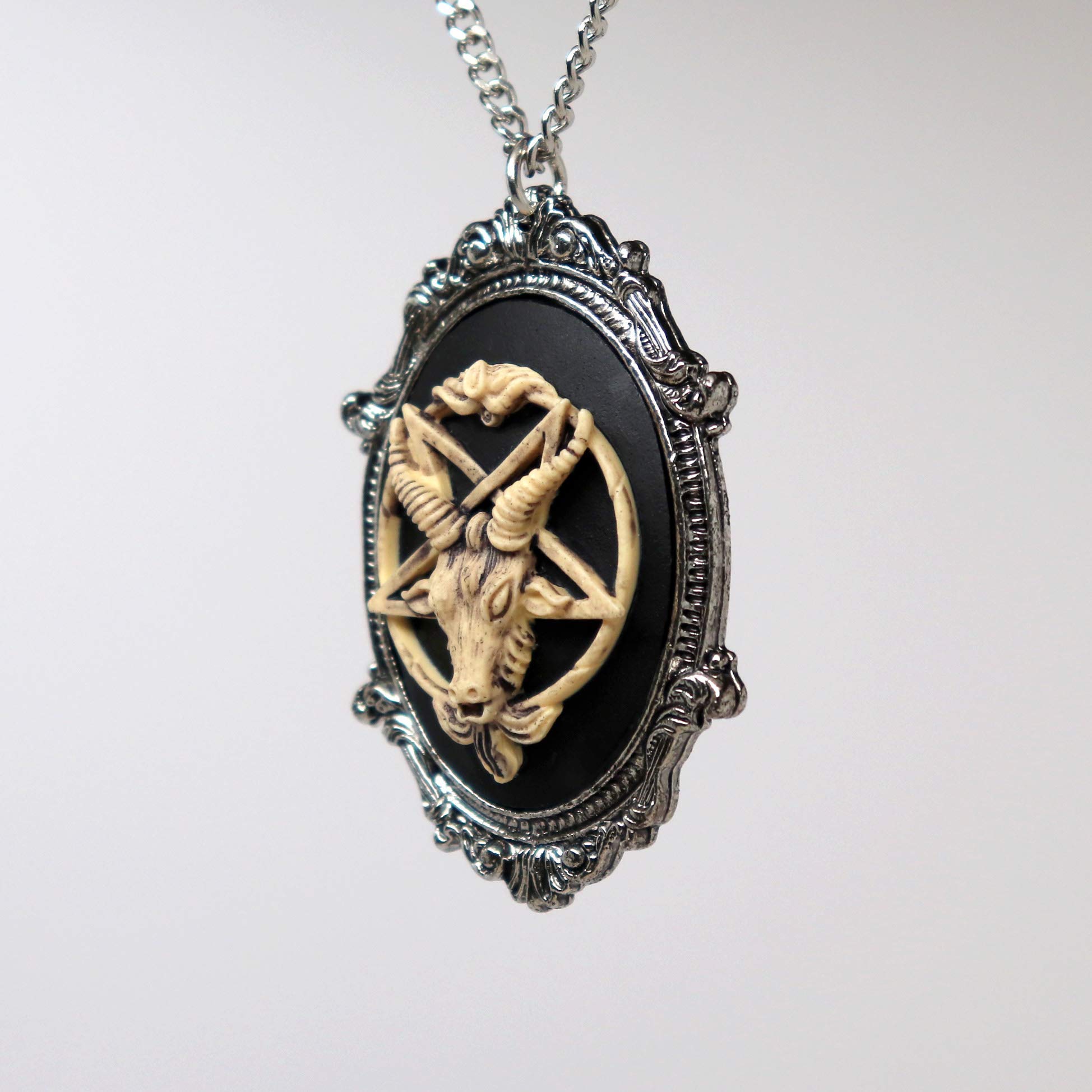 Antiqued Goat Head Satanic Baphomet Cameo Bone on Black In Silver Finish Frame Pendant Necklace