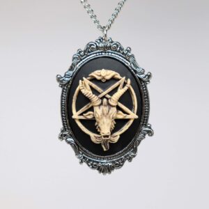 Antiqued Goat Head Satanic Baphomet Cameo Bone on Black In Silver Finish Frame Pendant Necklace