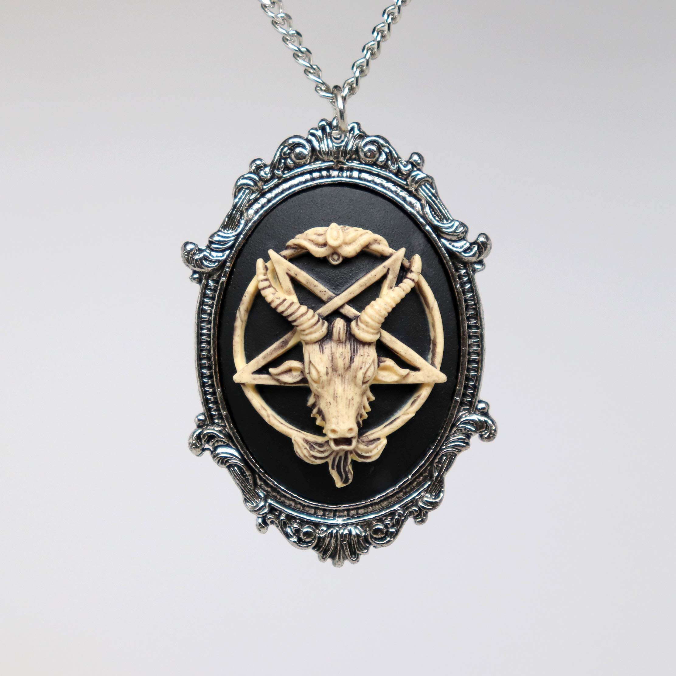 Antiqued Goat Head Satanic Baphomet Cameo Bone on Black In Silver Finish Frame Pendant Necklace