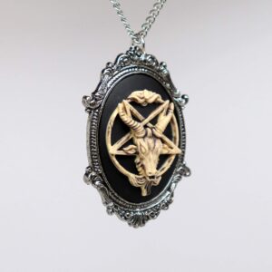 Antiqued Goat Head Satanic Baphomet Cameo Bone on Black In Silver Finish Frame Pendant Necklace