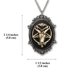 Antiqued Goat Head Satanic Baphomet Cameo Bone on Black In Silver Finish Frame Pendant Necklace