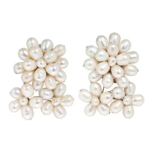 AeraVida Floral Cultured Freshwater White Pearls Clip on Non Piercing Earrings | White Clip on Earrings | Freshwater Beaded Pearl Clip on Earrings | Floral Clip On Earrings for Women