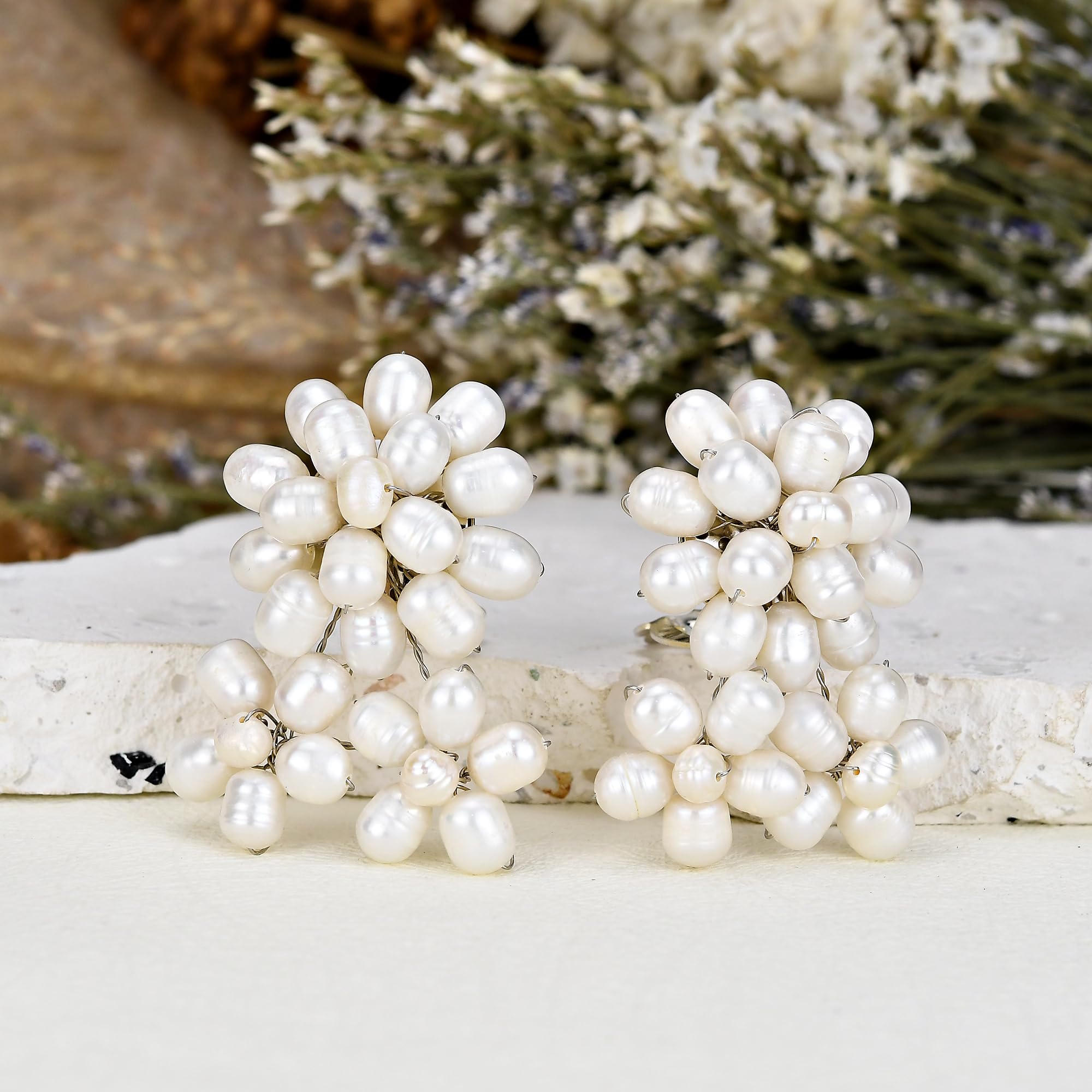 AeraVida Floral Cultured Freshwater White Pearls Clip on Non Piercing Earrings | White Clip on Earrings | Freshwater Beaded Pearl Clip on Earrings | Floral Clip On Earrings for Women