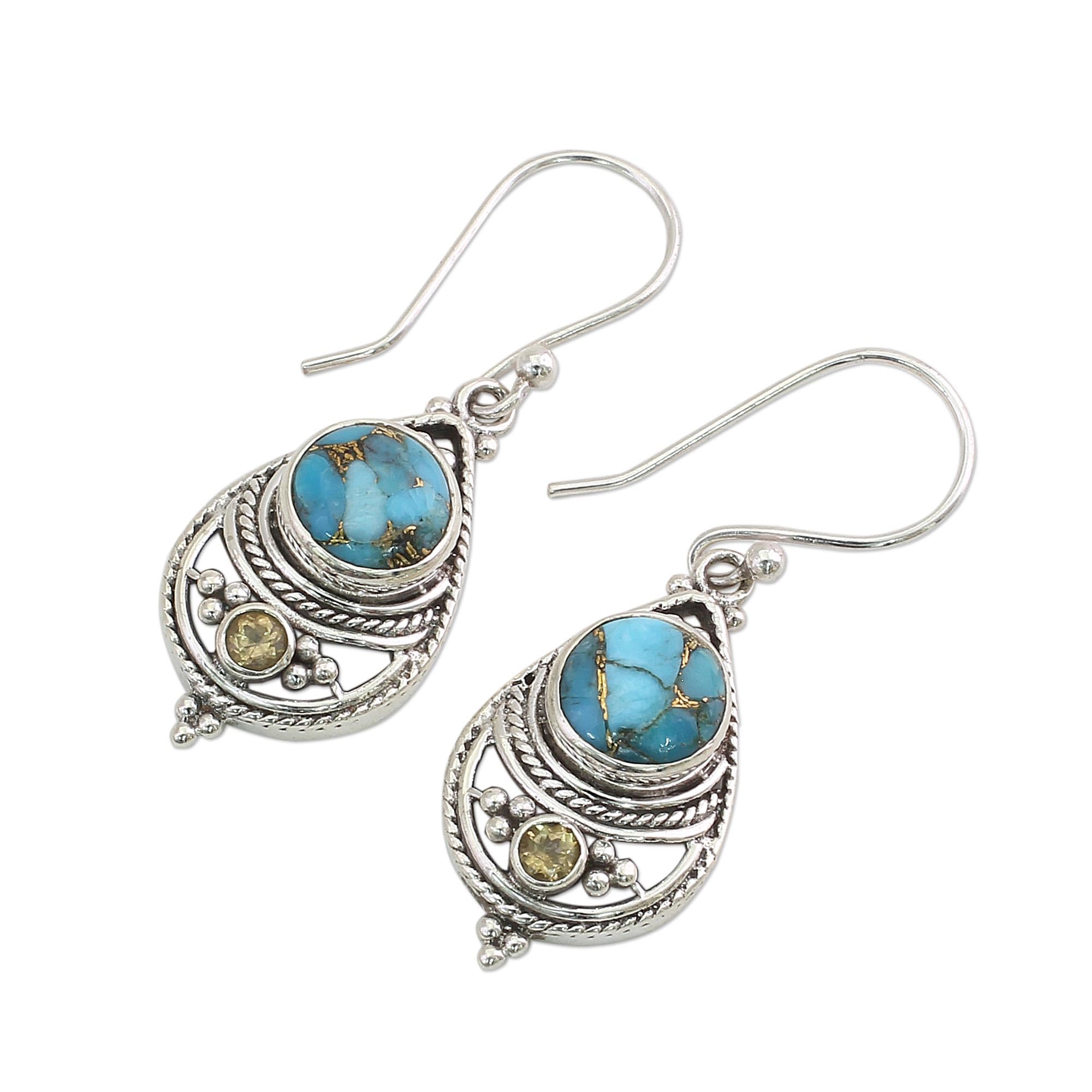 NOVICA Artisan Handmade Citrine Dangle Earrings Composite Turquoise from India [6.75 in min L x 8 in max L 1 mm W Pendant(s) 0.4 in L x 0.8 in W x 0 in D] ' Azure Heaven'