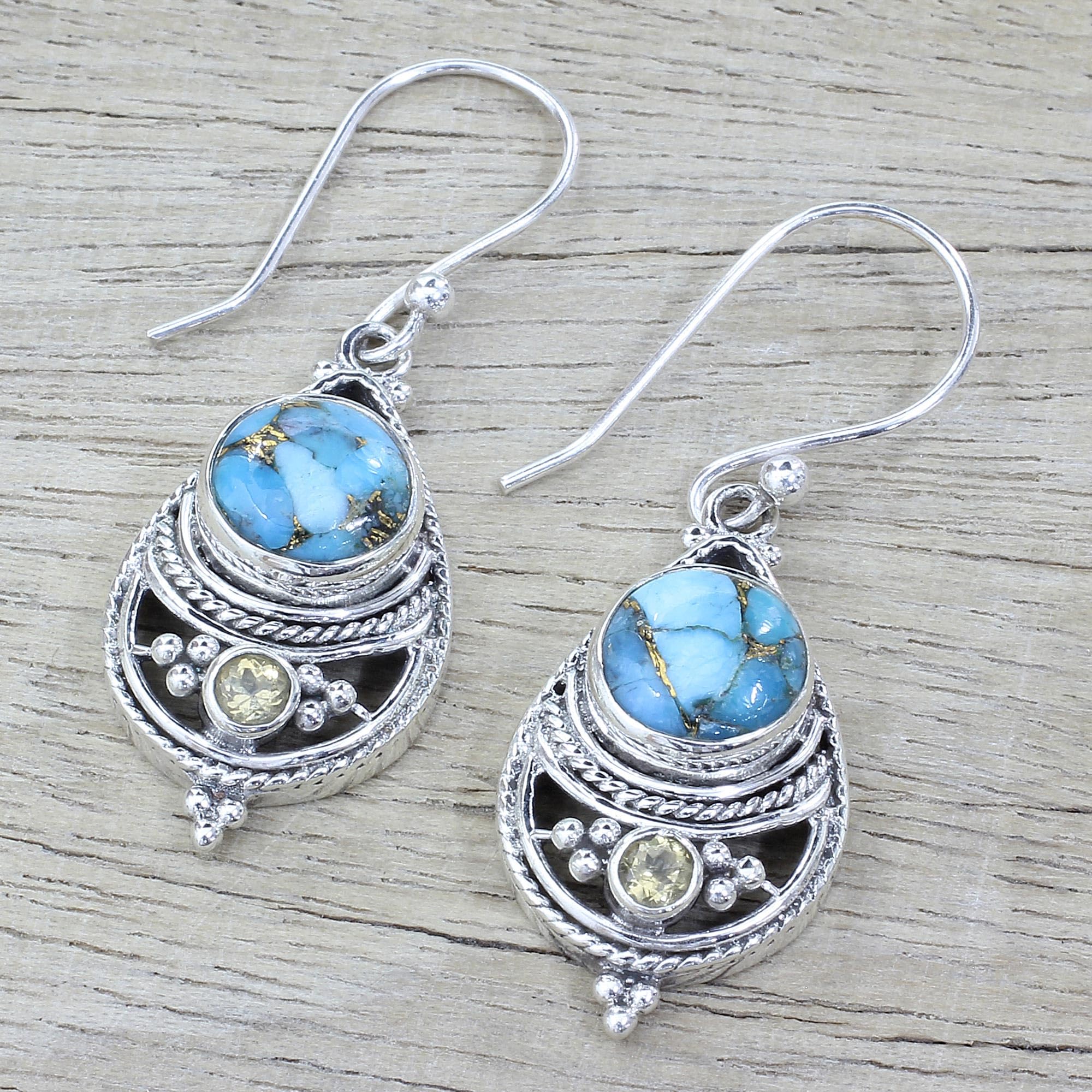 NOVICA Artisan Handmade Citrine Dangle Earrings Composite Turquoise from India [6.75 in min L x 8 in max L 1 mm W Pendant(s) 0.4 in L x 0.8 in W x 0 in D] ' Azure Heaven'