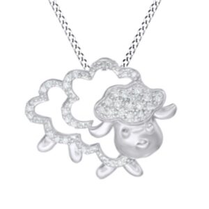 Jewel Zone US Natural Diamond Accent Sheep Pendant Necklace in 14k White Gold Over Sterling Silver