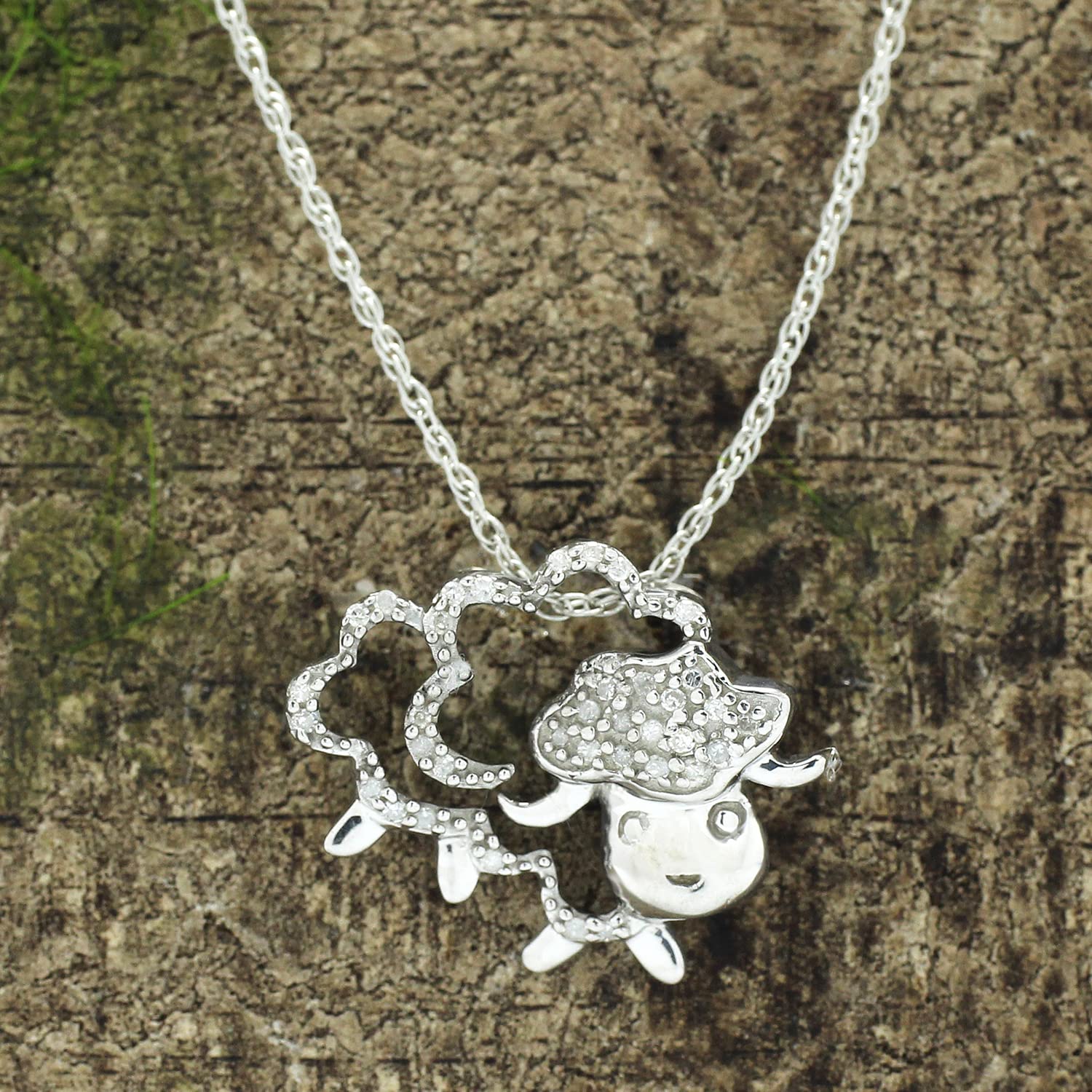 Jewel Zone US Natural Diamond Accent Sheep Pendant Necklace in 14k White Gold Over Sterling Silver