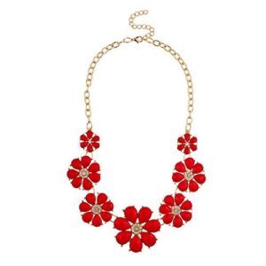 LUX ACCESSORIES Gold Tone and Red Pave Large Floral Flower Statement Necklace