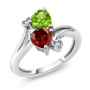 Gem Stone King 925 Sterling Silver Green Peridot and Red Garnet Ring | 1.76 Cttw | Heart Shape 6MM | Gemstone Birthstone | Heart Ring For Women | Available In Size 5, 6, 7, 8, 9