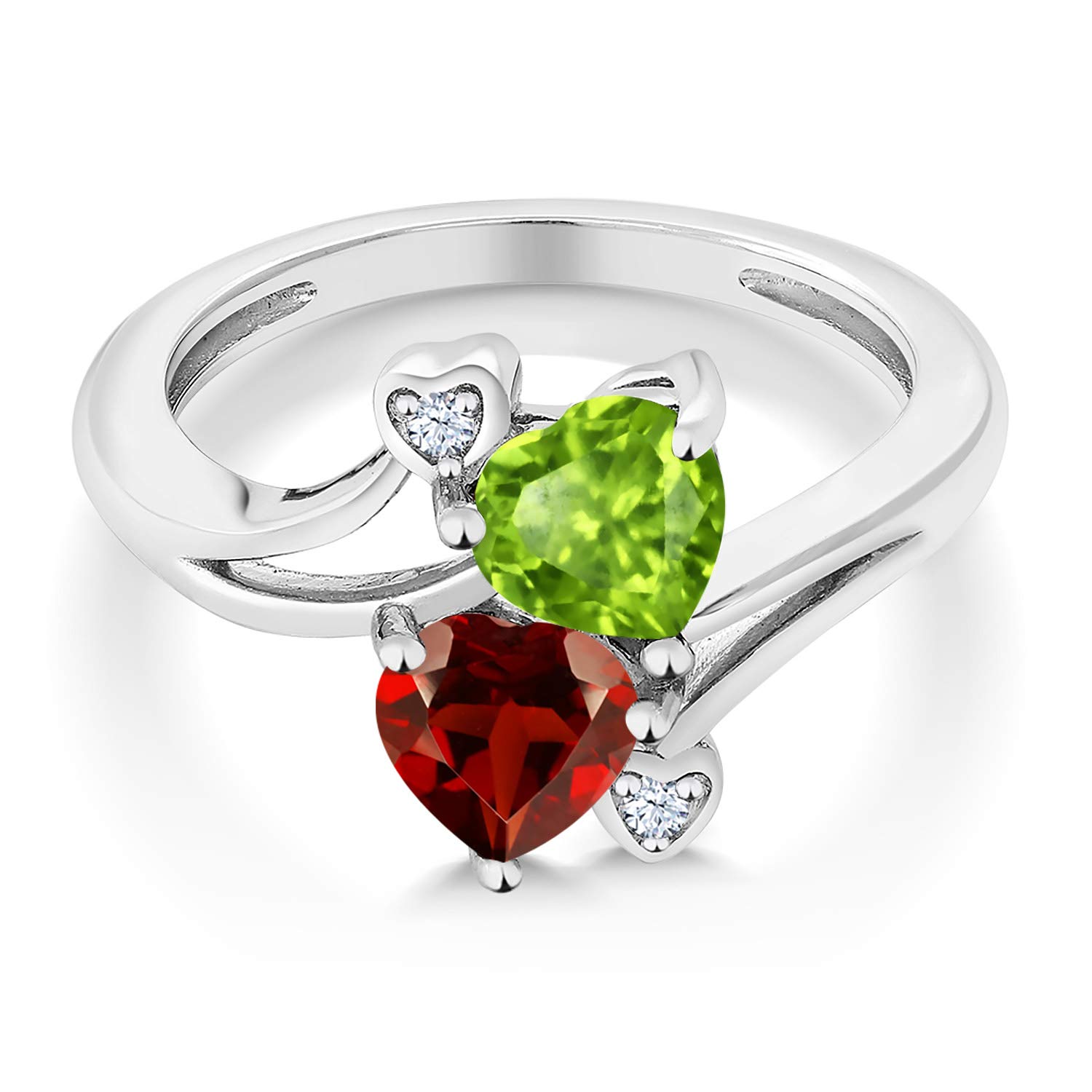 Gem Stone King 925 Sterling Silver Green Peridot and Red Garnet Ring | 1.76 Cttw | Heart Shape 6MM | Gemstone Birthstone | Heart Ring For Women | Available In Size 5, 6, 7, 8, 9