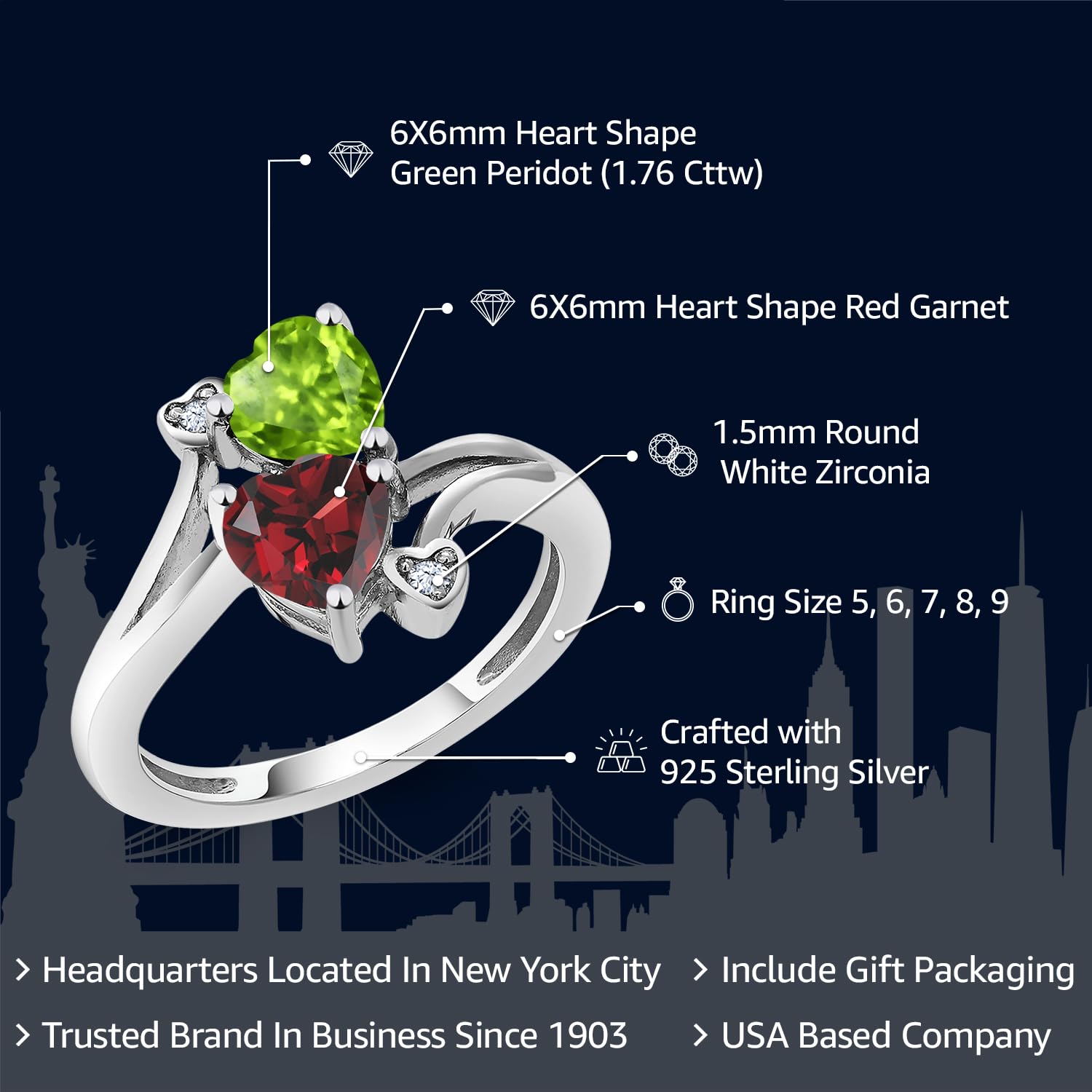 Gem Stone King 925 Sterling Silver Green Peridot and Red Garnet Ring | 1.76 Cttw | Heart Shape 6MM | Gemstone Birthstone | Heart Ring For Women | Available In Size 5, 6, 7, 8, 9