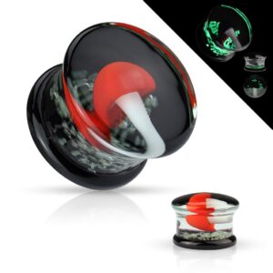 Dynamique Pair Of Pyrex Glass Double Flared Plugs Black Back with Red and White Mushroom on Glow in Dark Sparkles