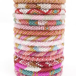 Wigspedia Handmade Crochet Glass Seed Bead Nepal Boho Yoga Bracelet - Wholesale Pink Scheme (12 Pieces Pink Nepal Bracelets)