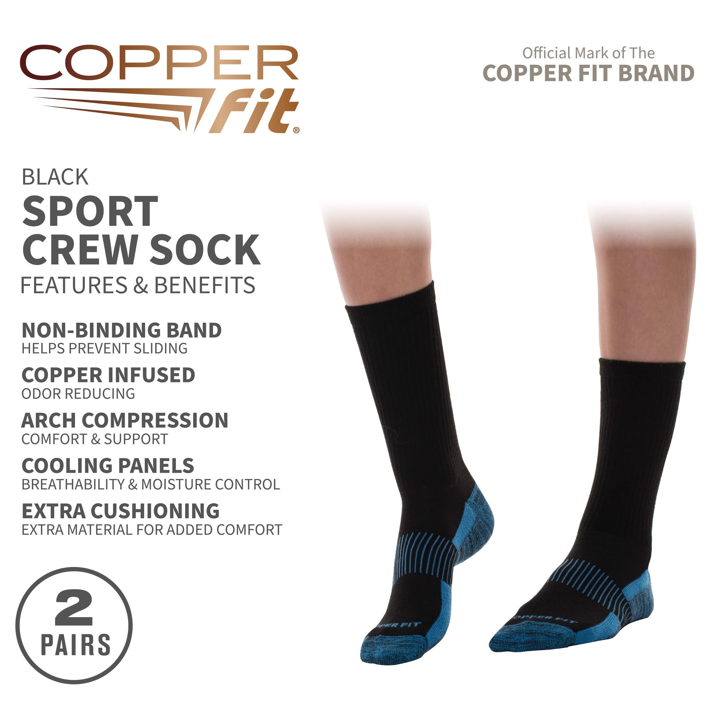 Copper Fit Crew Sport Socks-2 Pack, Black, Small/Medium