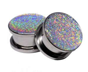 mystic metals body jewelry screw on plugs - silver holographic glitter plugs - sold as a pair (7/16" (11mm))