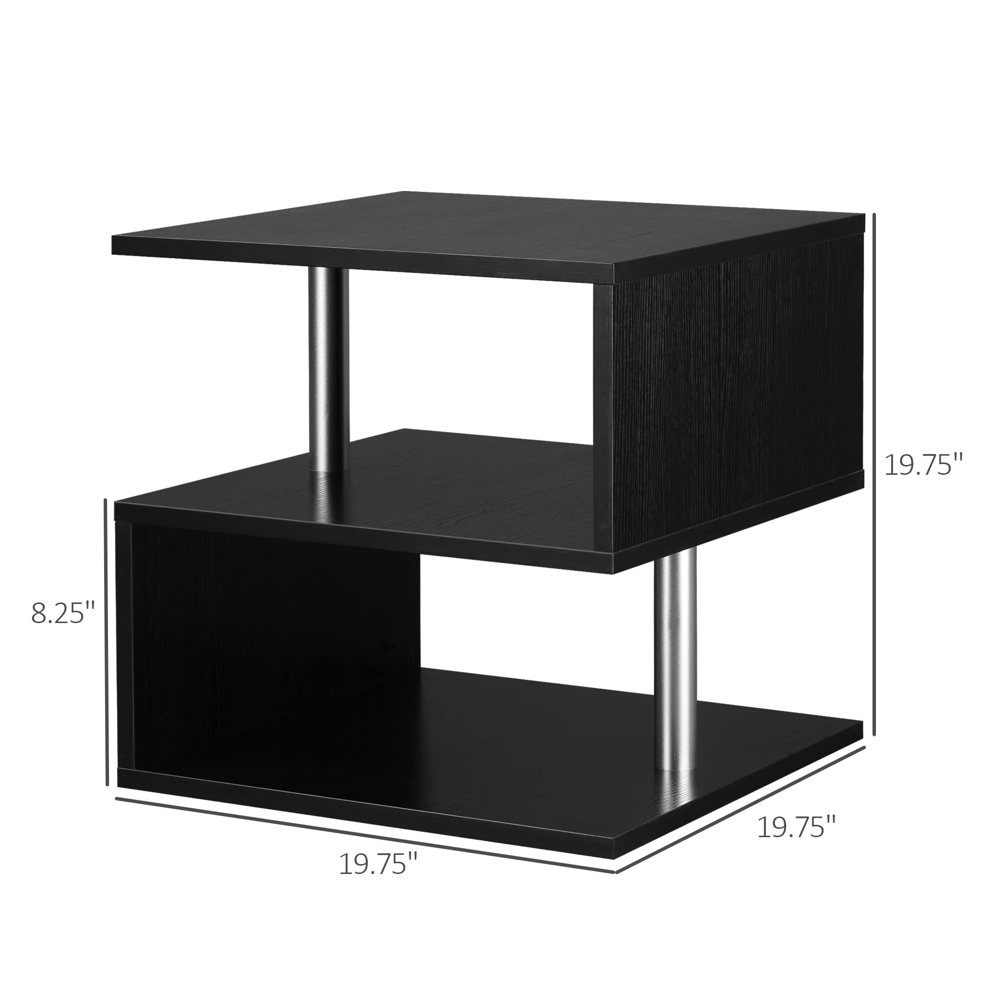 HOMCOM 20" Modern End Table, Accent Side Table, S-Shaped Coffee Table with Storage Shelf and Steel Poles, Black