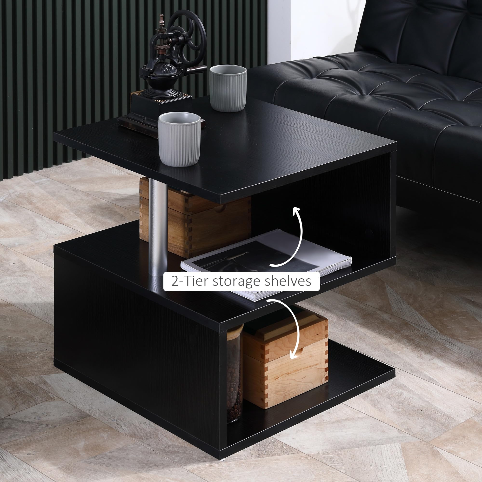 HOMCOM 20" Modern End Table, Accent Side Table, S-Shaped Coffee Table with Storage Shelf and Steel Poles, Black