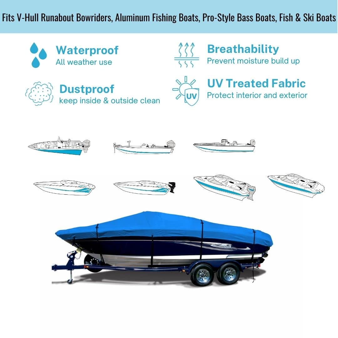 Savvycraft Heavy Duty Boat Cover, Waterproof Trailerable Boat Cover fits V-Hull Runabouts, Aluminum Fishing Boats, Pro Style Bass Boats, Fish&Ski (Size 4: 17ft-19ft Long, Beam up to 100", Blue)