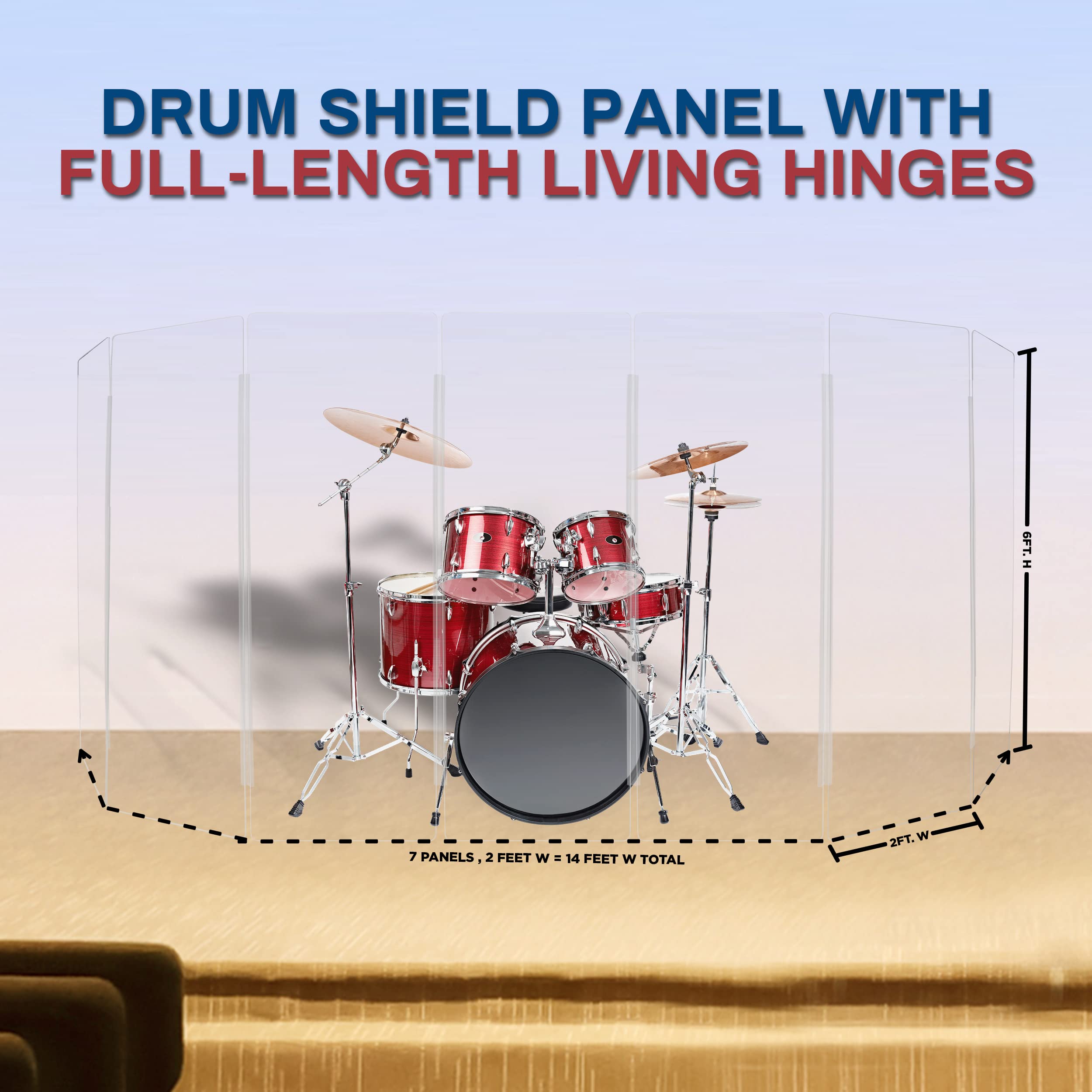 PENNZONI Drum Shield 6ft w/Living Hinges, Comes w/ 7 Drum Panels, & Living Hinges, Premium Clear Acrylic Panels, Drum Screen