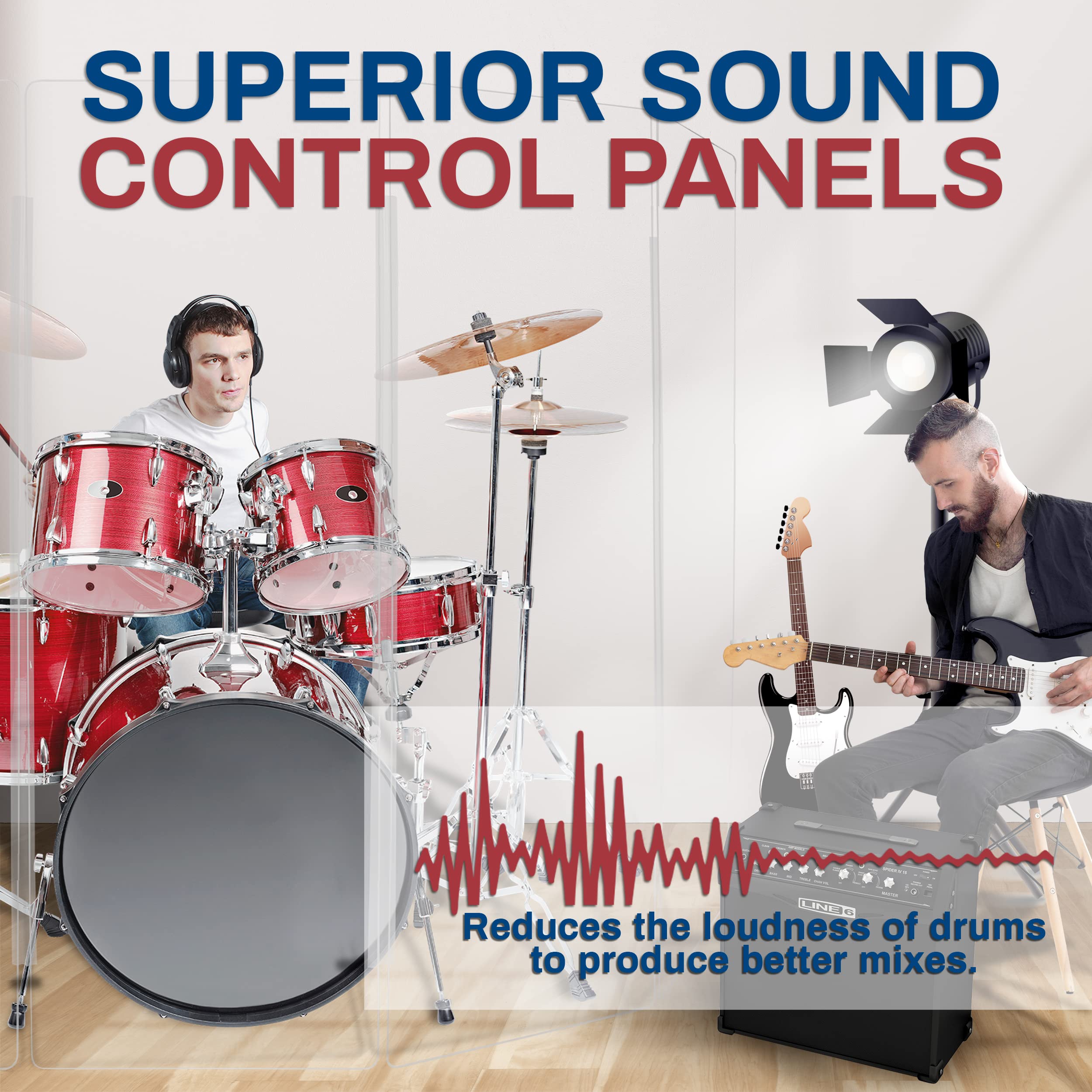 PENNZONI Drum Shield 6ft w/Living Hinges, Comes w/ 7 Drum Panels, & Living Hinges, Premium Clear Acrylic Panels, Drum Screen