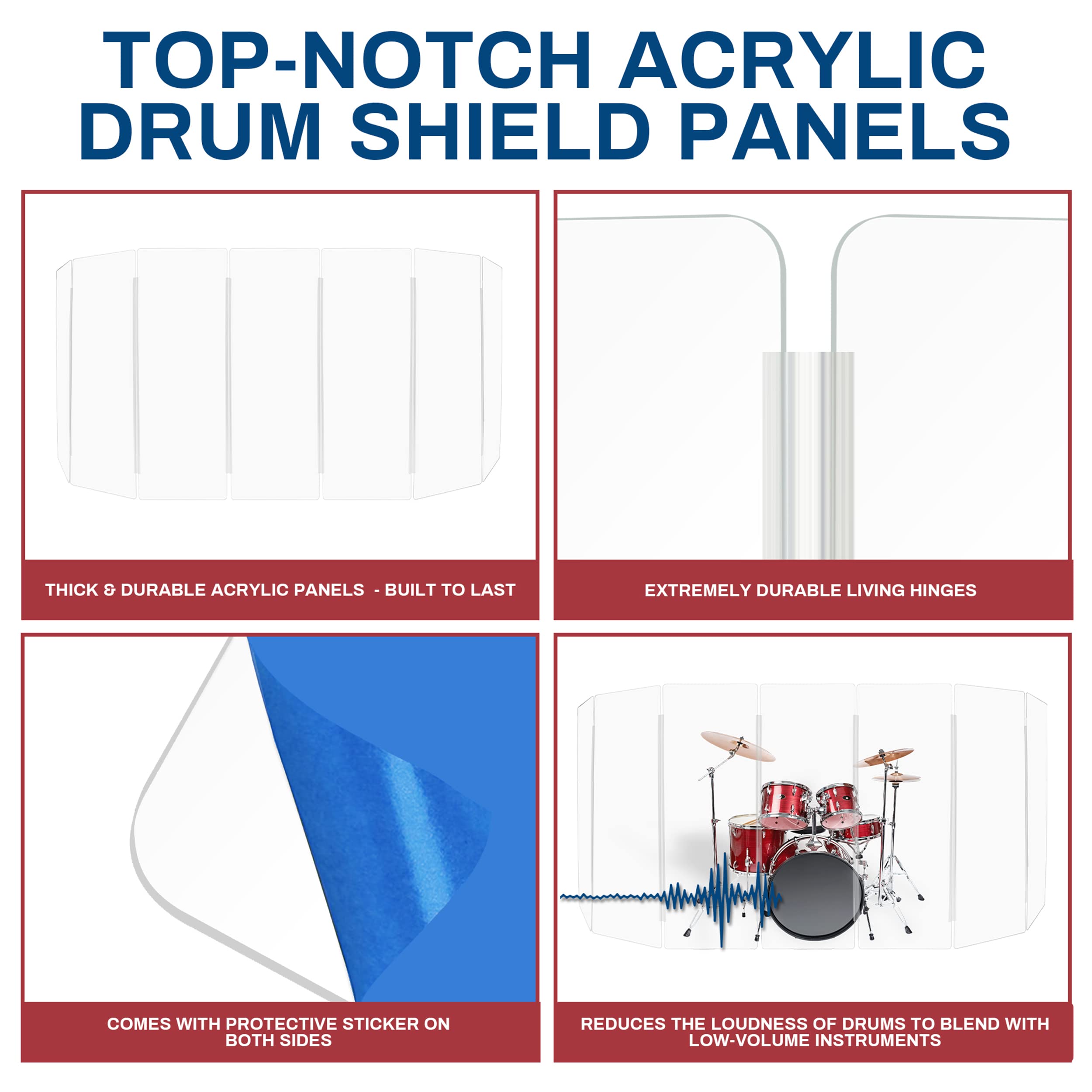 PENNZONI Drum Shield 6ft w/Living Hinges, Comes w/ 7 Drum Panels, & Living Hinges, Premium Clear Acrylic Panels, Drum Screen