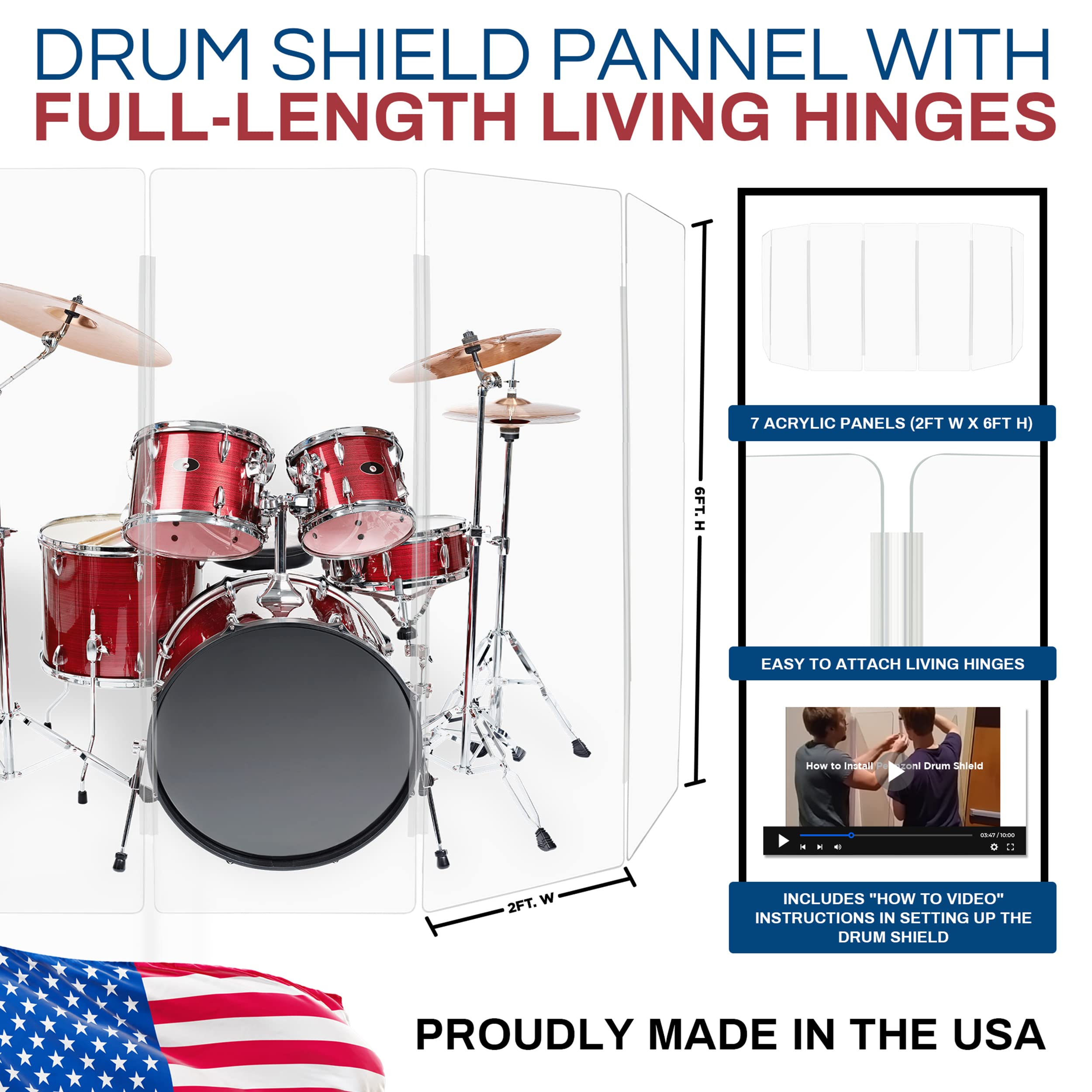 PENNZONI Drum Shield 6ft w/Living Hinges, Comes w/ 7 Drum Panels, & Living Hinges, Premium Clear Acrylic Panels, Drum Screen