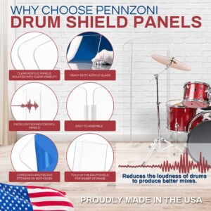 PENNZONI Drum Shield 6ft w/Living Hinges, Comes w/ 7 Drum Panels, & Living Hinges, Premium Clear Acrylic Panels, Drum Screen