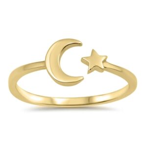 Gold-Tone Crescent Moon Star Open Modern Sterling Silver Ring Size 6