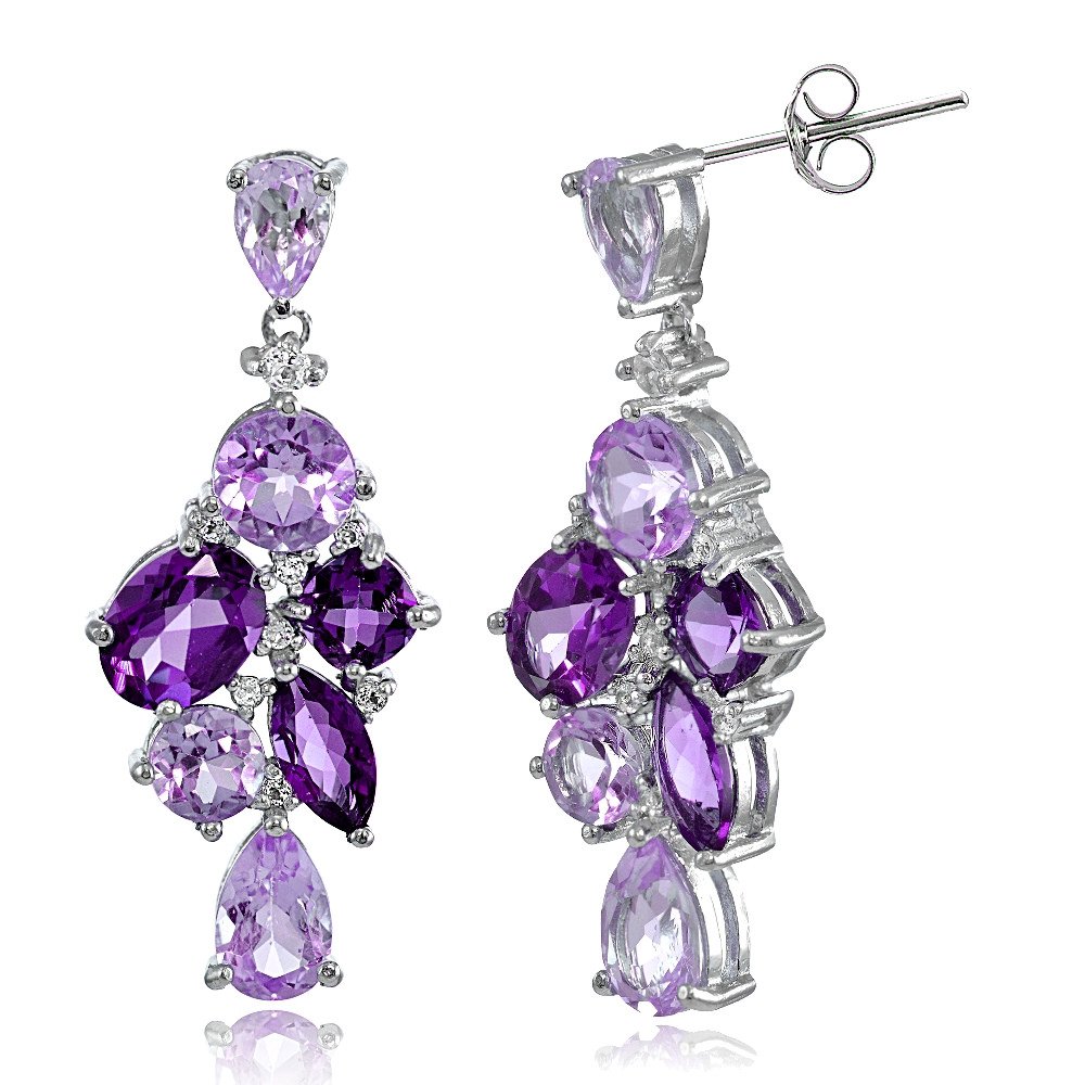 Sterling Silver African Amethyst and White Topaz Cluster Tonal Dangle Earrings