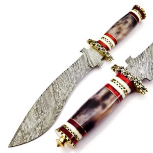 Skokie Knives Custom Damascus Steel Hunting Knife Color Camel Bone Handle with Brass Spacer -Handmade Premium Quality Edge Fixed Blade – For Multipurpose – Ideal for Survival Hunting Camping Hiking Outdoor Every Day Carry Professional Use Art of Craftsman