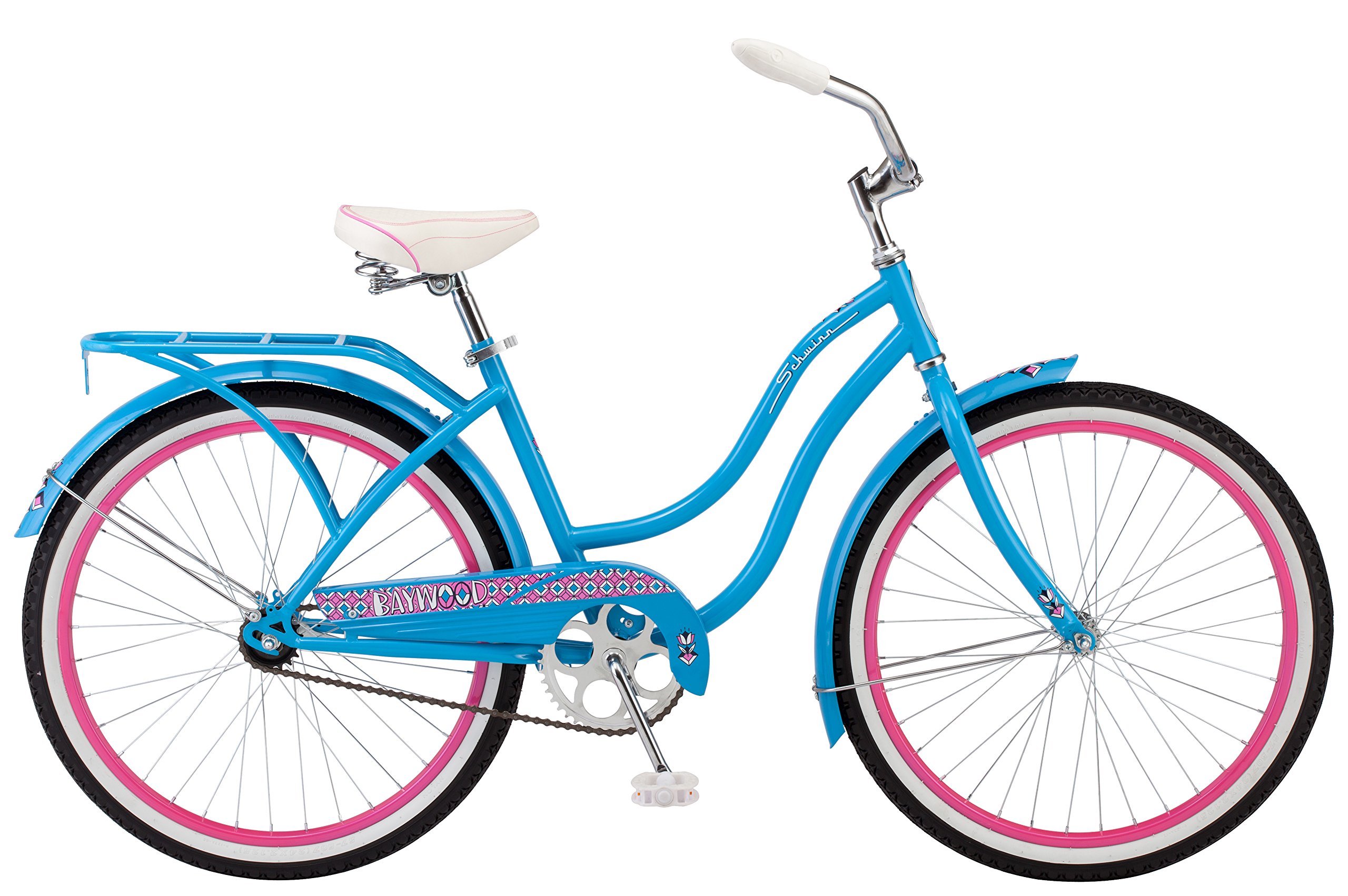 Schwinn Baywood Beach Cruiser Bike for Men Women, Ages 8 Up or Rider Height 4'8"-5'6", 24-Inch Wheels, Single Speed, Rear Cargo Rack, Bright Blue