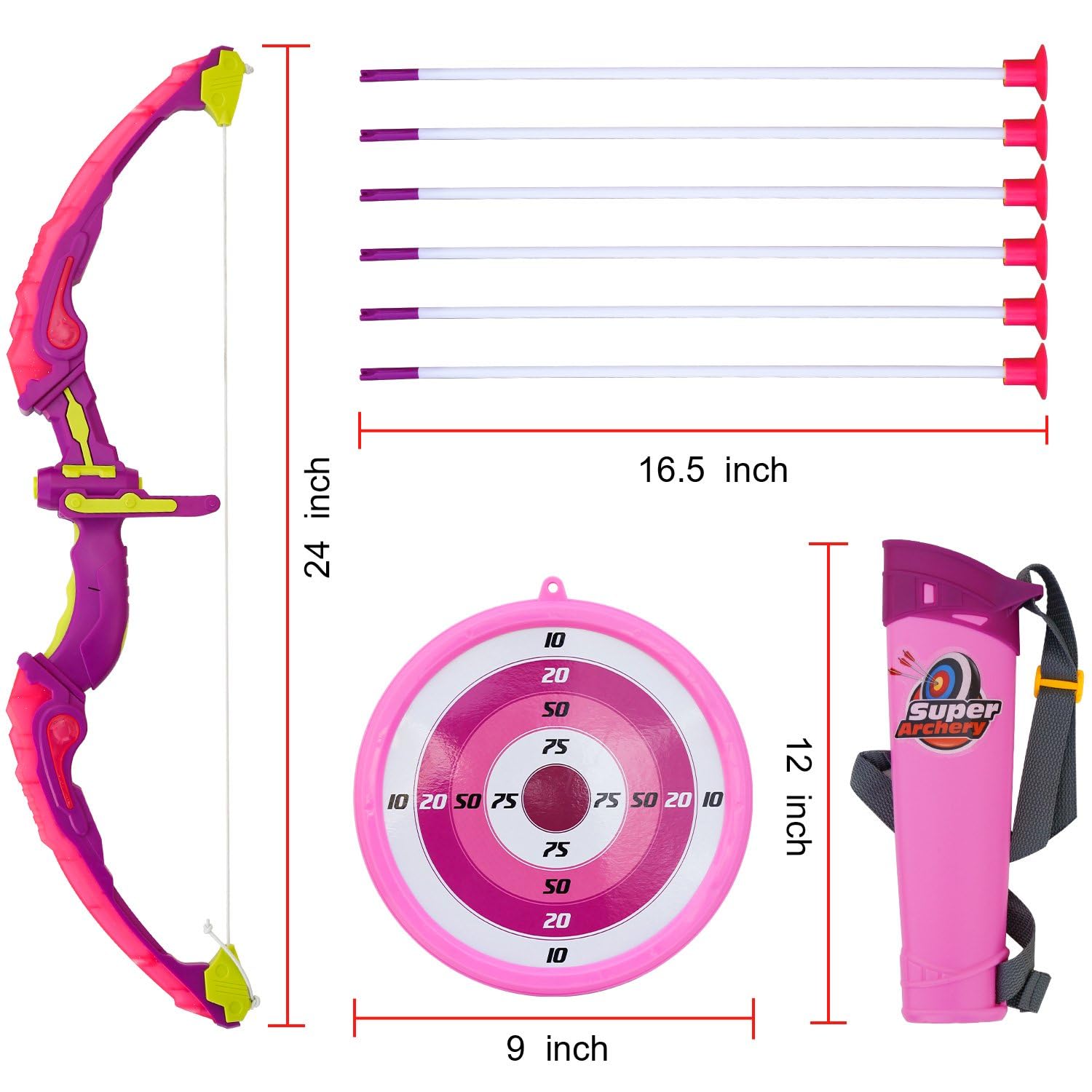 Liberty Imports Kids Bow and Arrow Set - LED Light Up Archery Toy Set with 6 Suction Cup Arrows, Target, Quiver - Indoor and Outdoor Target Practice for Girls (Pink)