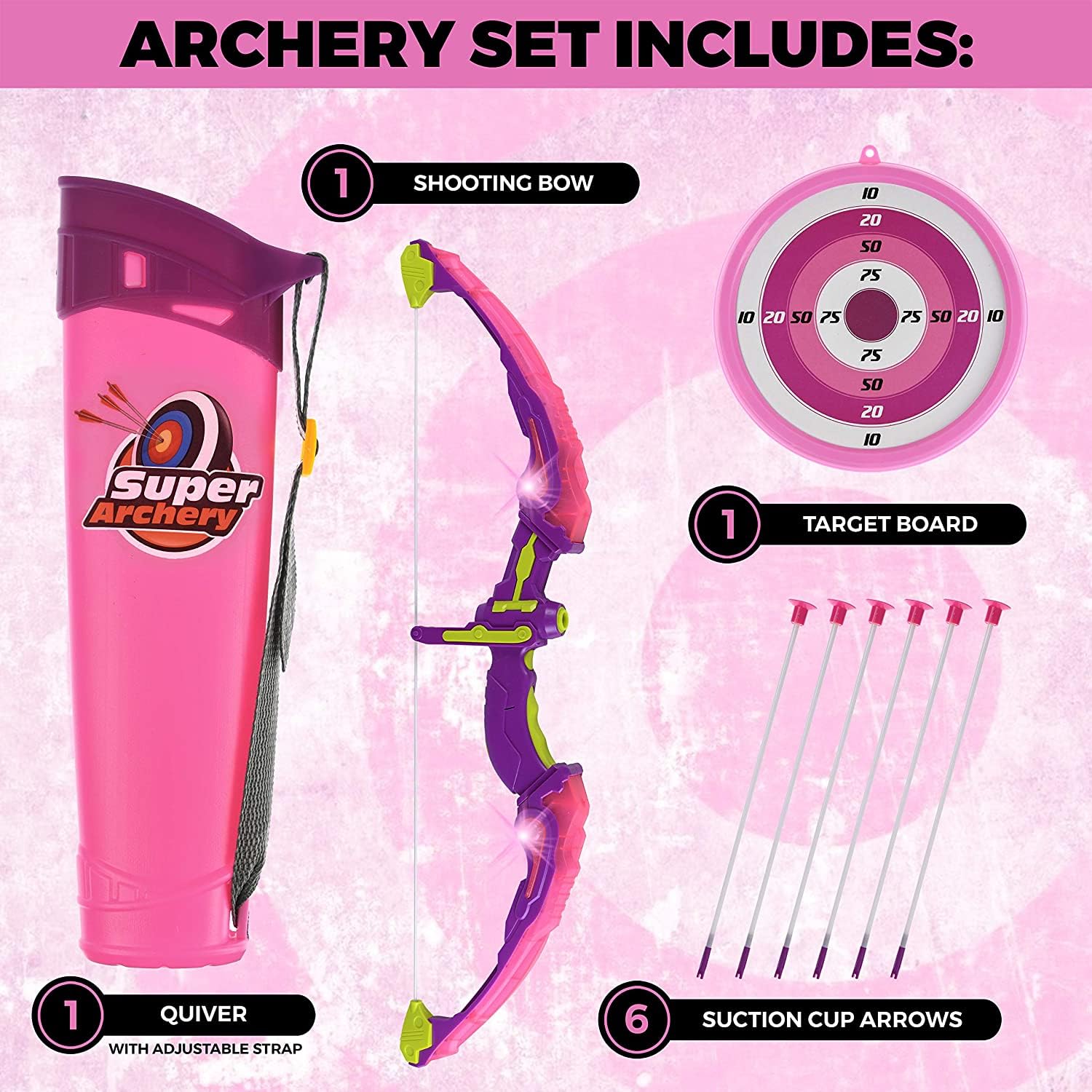 Liberty Imports Kids Bow and Arrow Set - LED Light Up Archery Toy Set with 6 Suction Cup Arrows, Target, Quiver - Indoor and Outdoor Target Practice for Girls (Pink)