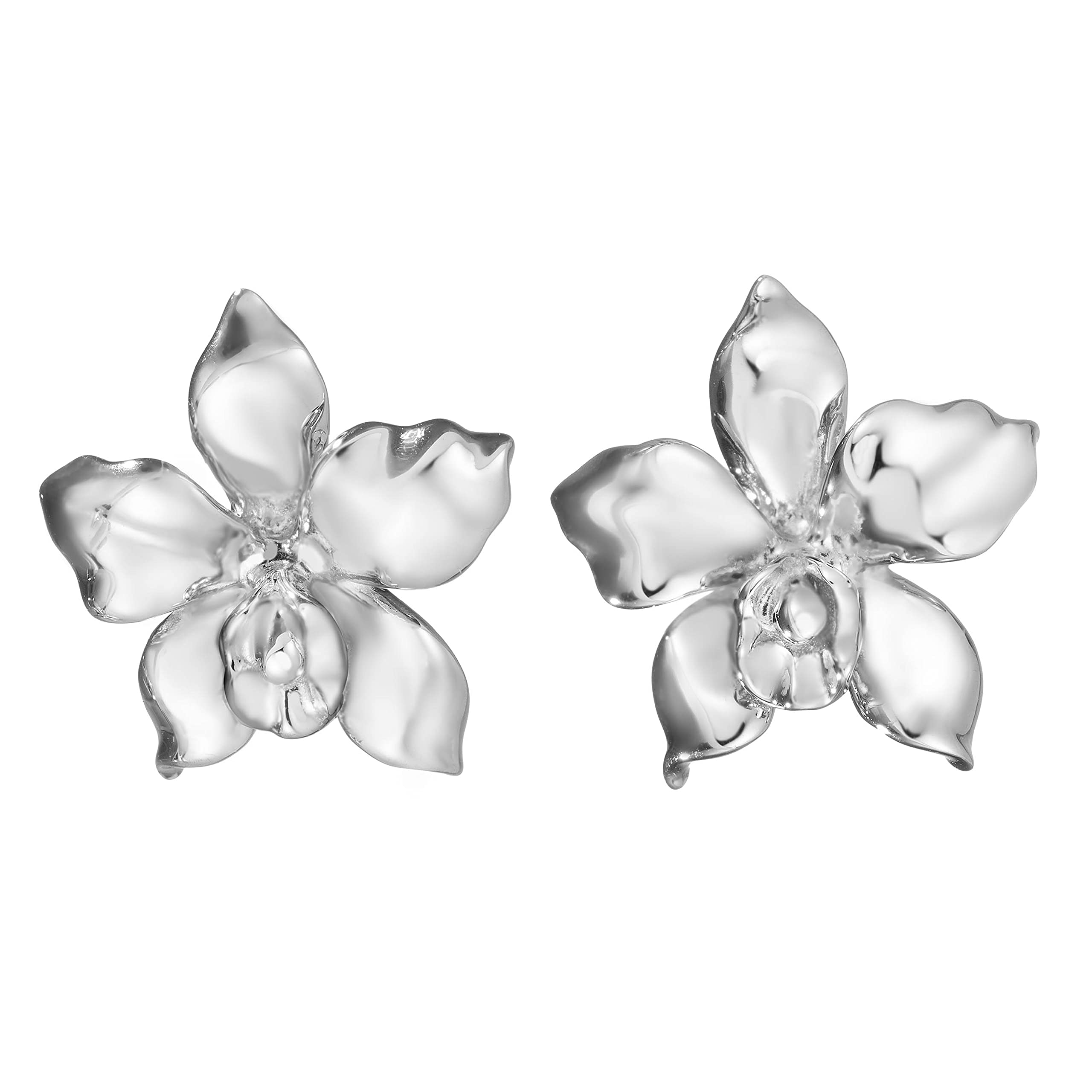 925 Sterling Silver Hawaiian Orchid Flower Plant Stud Earrings, Nickle Free Hypoallergenic for Sensitive Skin, Tropical Nature Jewelry, Gift Box Included (Medium)